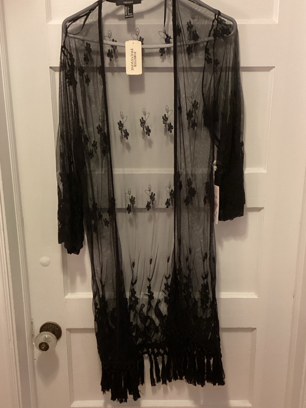 Forever 21 Black Sheer Embroidered Long Sleeve Duster with Fringe